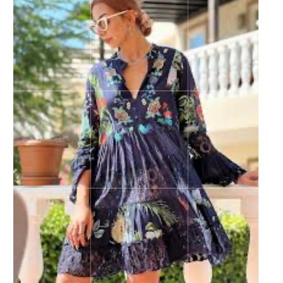 Antica Sartoria Dresses & Skirts - Antica Sartoria Floral Embroidered Boho Tassel Lace Tiered Babydoll Dress Sz M